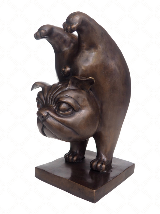 Bronze luxury handmade furniture sculpture of a pug standing on another pug’s hand, ideal for modern luxury decor, on a white background.