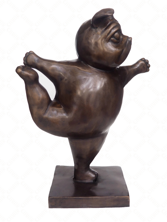 Bronze luxury handmade furniture sculpture of a stylized pug in a yoga pose, ideal for modern luxury decor, on a white background.