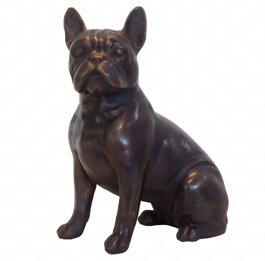 Bronze luxury handmade furniture statue of a sitting French bulldog, perfect for modern luxury decor, on a white background.