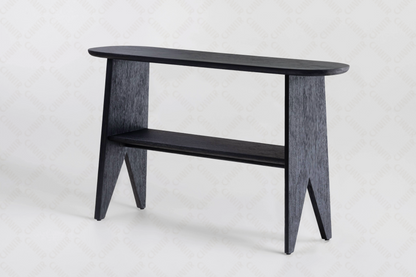 Black luxury handmade furniture console table made of acacia wood, ideal for modern luxury decor, on a white background.