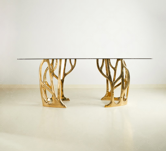 Gold brass luxury handmade furniture console table with glass top, perfect for modern luxury decor, on a white background