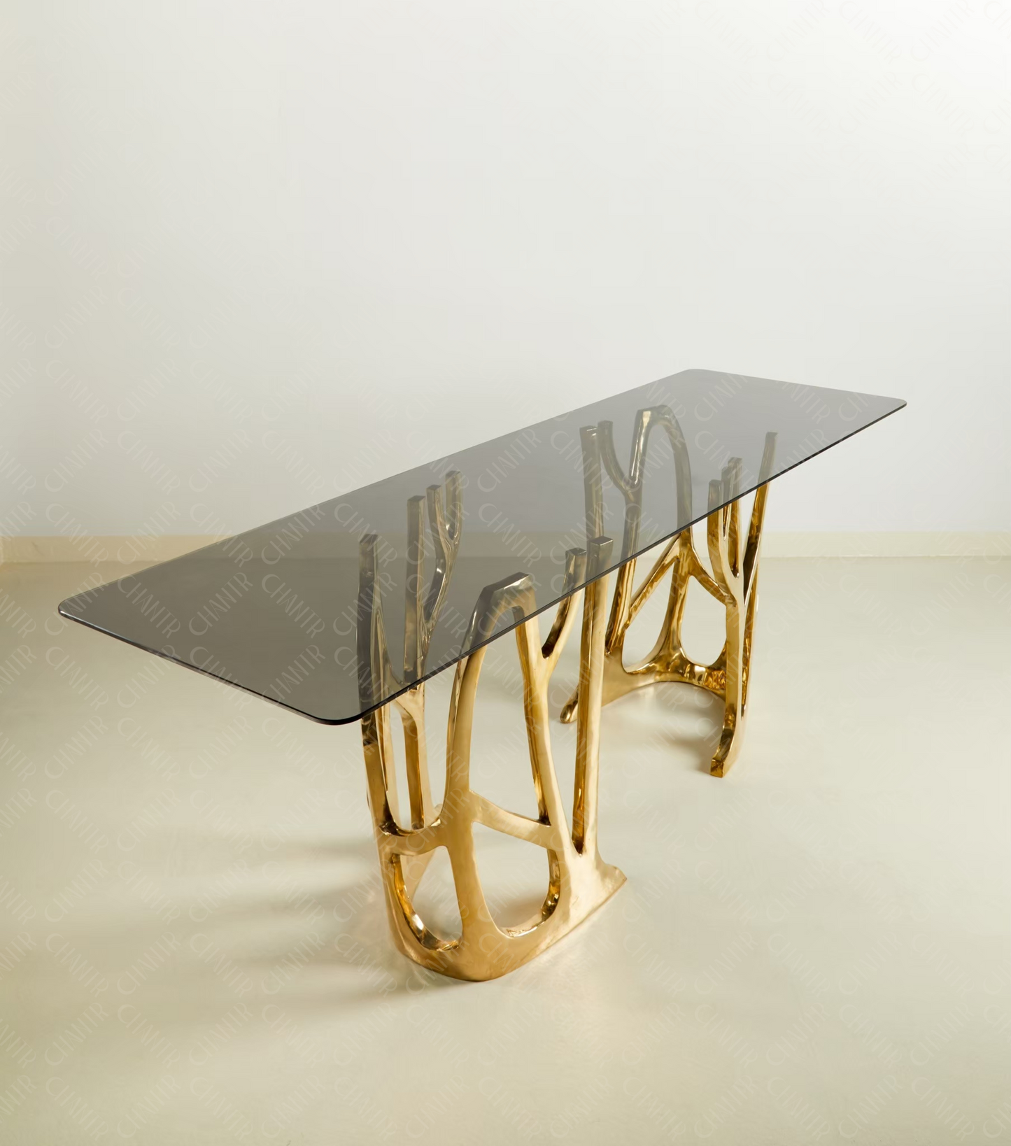 Top view - Gold brass luxury handmade furniture console table with glass top, perfect for modern luxury decor, on a white background