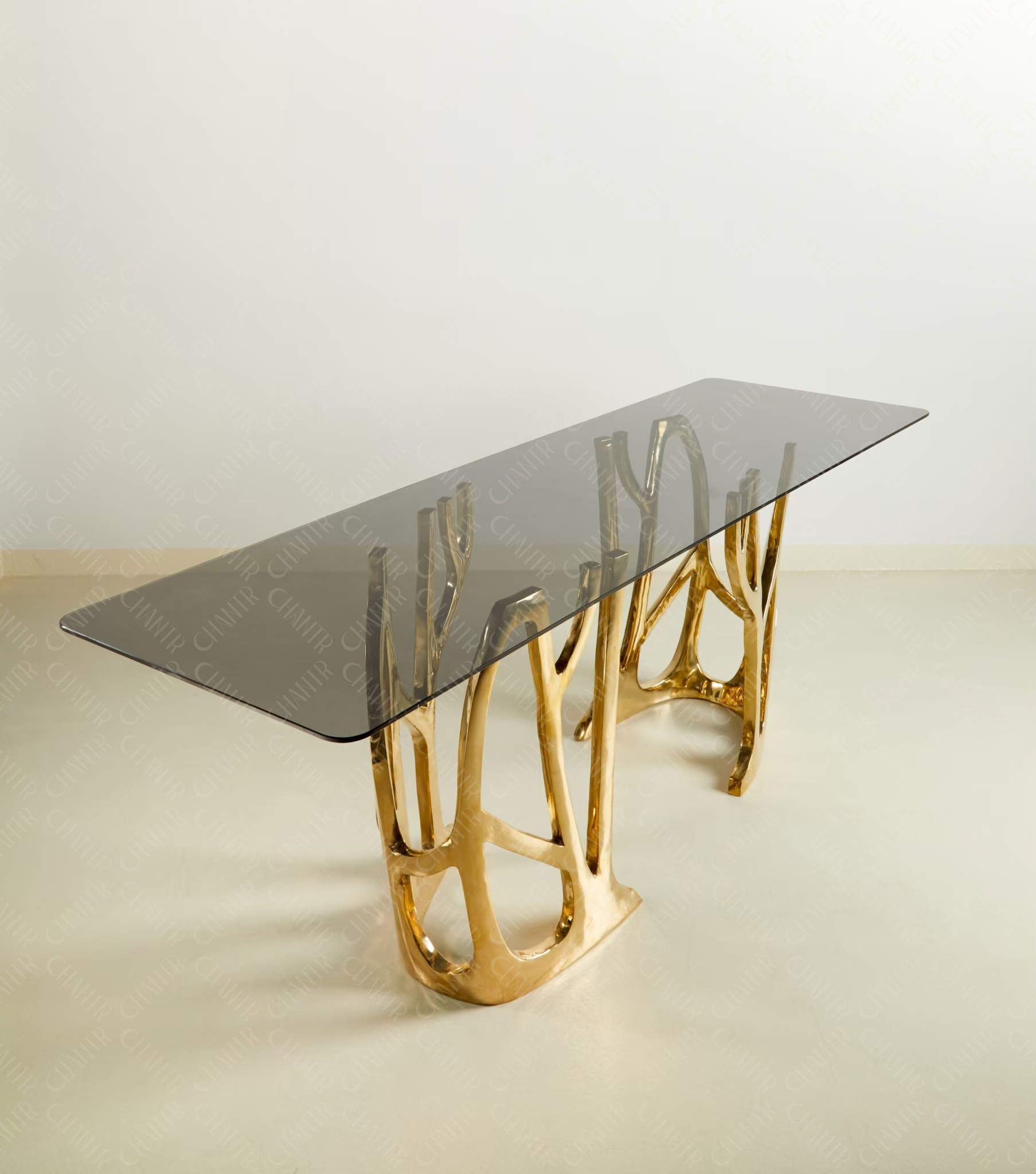 Top view - Gold brass luxury handmade furniture console table with glass top, perfect for modern luxury decor, on a white background