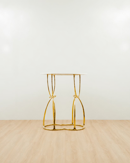 Gold brass luxury handmade furniture console, perfect for modern luxury decor, on a wooden floor with white wall background.