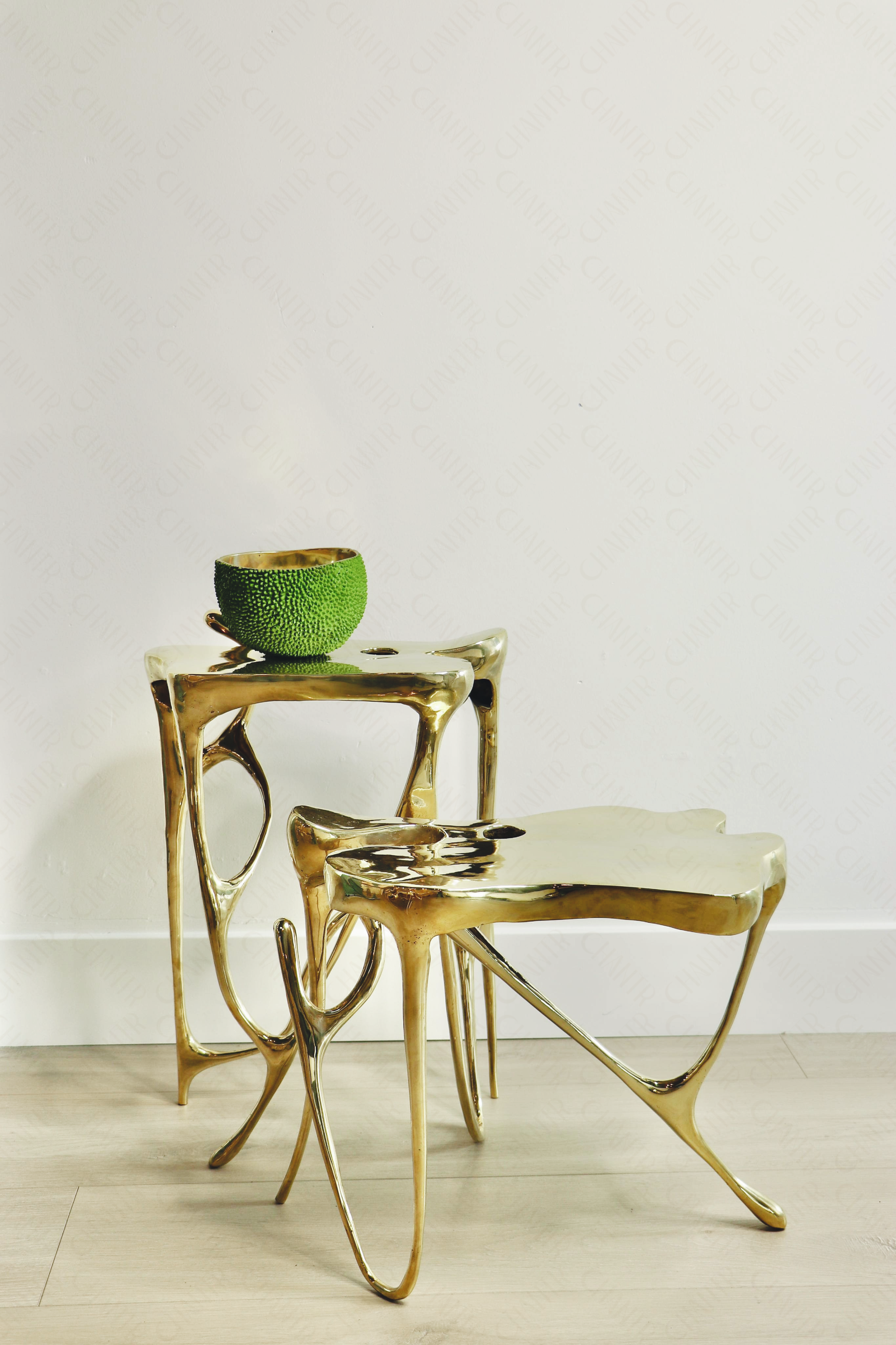 Luxury handmade furniture with Brass furniture side table with a green modern luxury decor on a light wooden floor against a white wall.