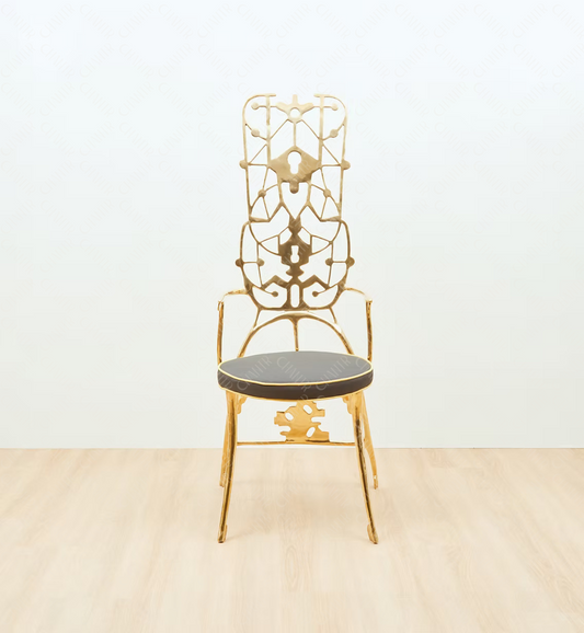 Decorative gold brass luxury handmade furniture chair with grey cushion, perfect for modern luxury decor, on a white background.
