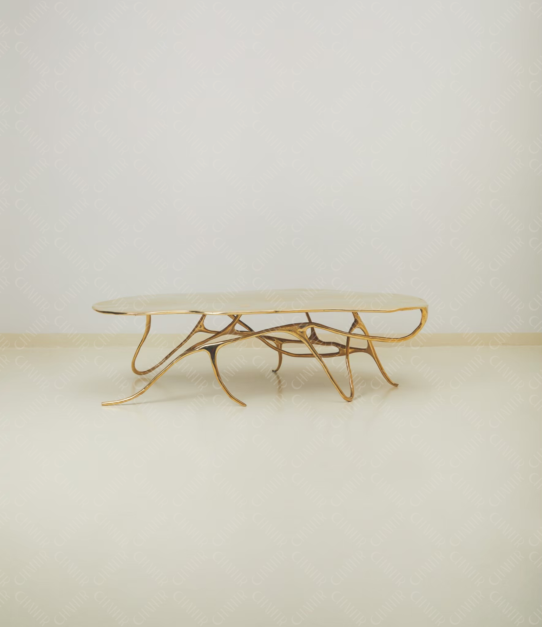 Gold brass luxury handmade furniture bench with modern design, ideal for modern luxury decor, on a white background - straight angle