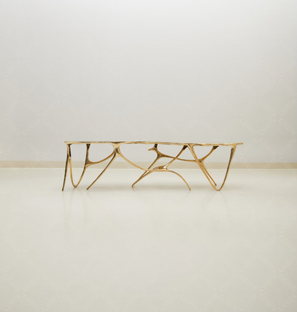 Gold brass luxury handmade furniture bench with modern design, ideal for modern luxury decor, on a white background.