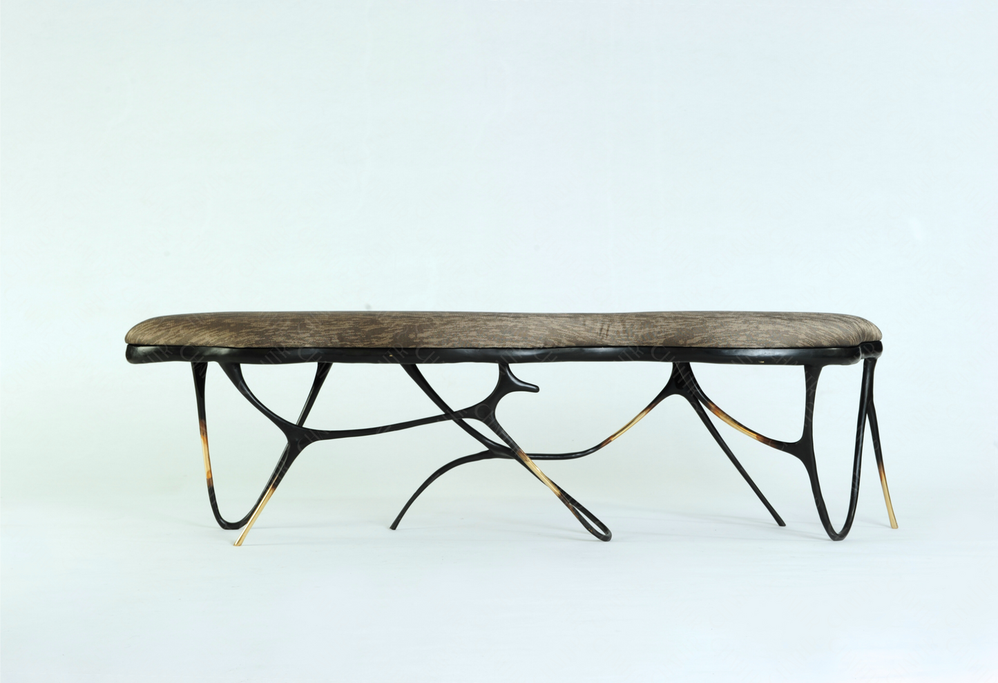 Black brass luxury handmade furniture bench with brown pattern cushion with modern design, ideal for modern luxury decor, on a white background.