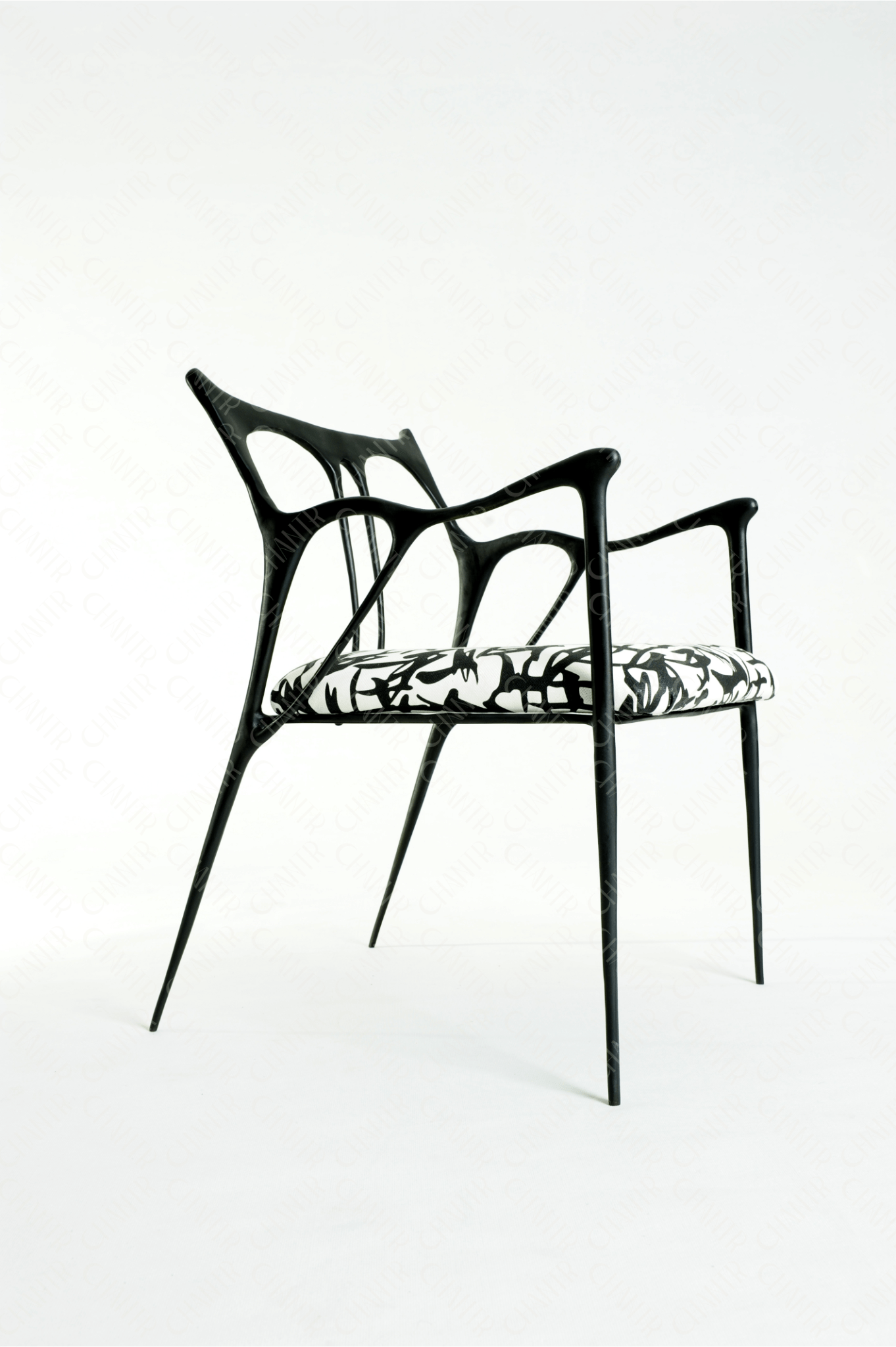 Black brass luxury handmade furniture chair with patterned cushion, ideal for modern luxury decor, on a wooden floor.
