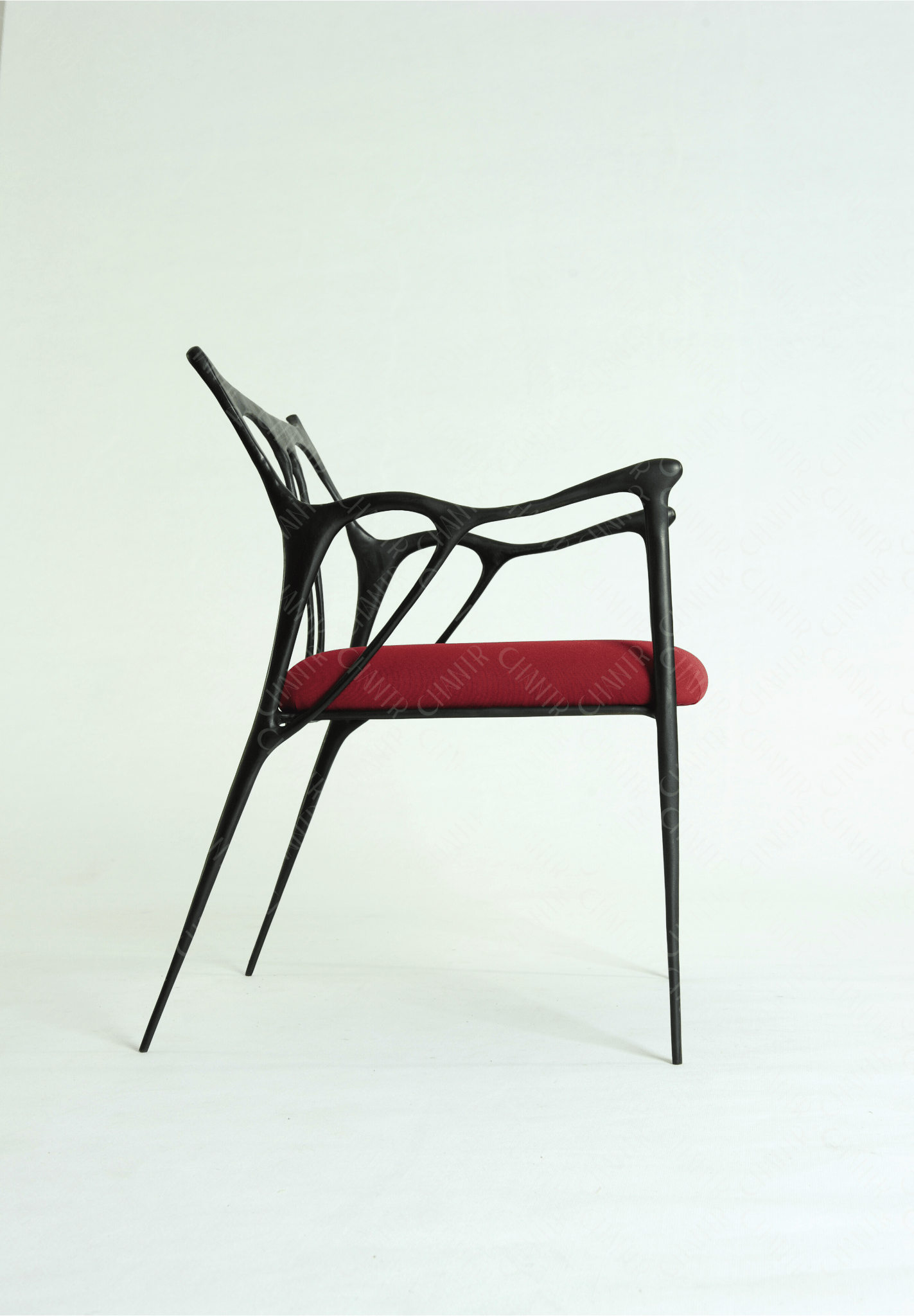 Black brass luxury handmade furniture chair with red cushion, ideal for modern luxury decor, on a wooden floor.