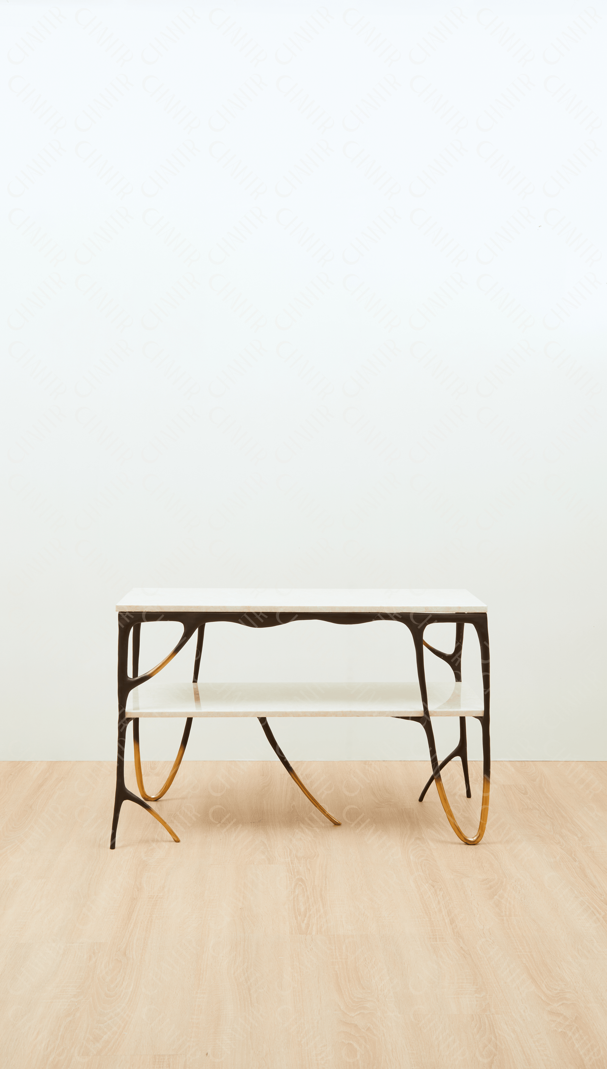 Modern black brass luxury handmade furniture console table with gold tips and two marble accents, perfect for modern luxury decor, on a plain background. - straight angle