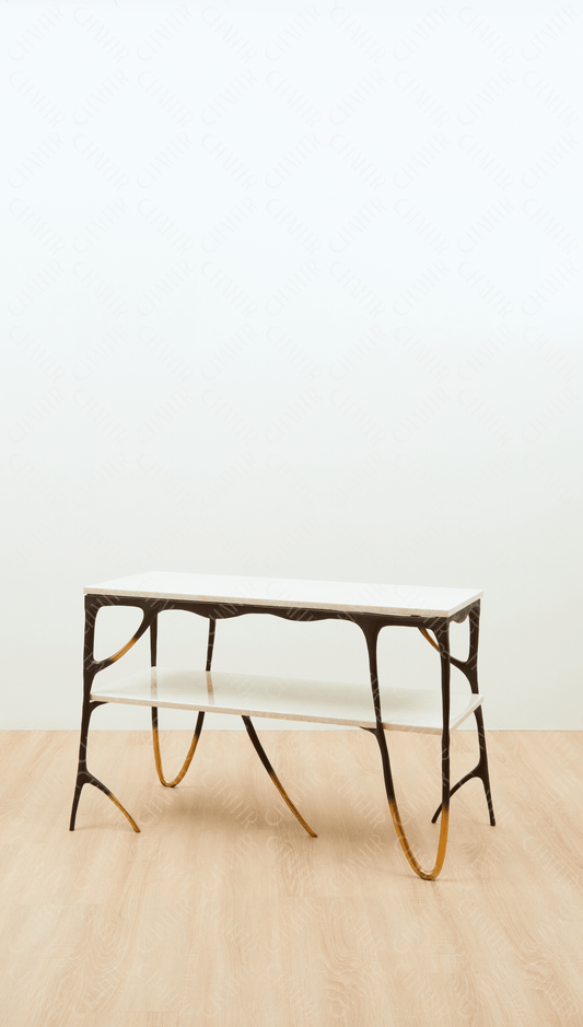 Modern black brass luxury handmade furniture console table with gold tips and two marble accents, perfect for modern luxury decor, on a plain background.