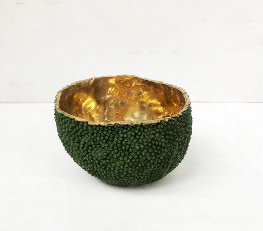 Decorative luxury handmade furniture bowl with green textured exterior and gold brass interior, perfect for modern luxury decor, on a white background.