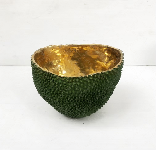 Decorative luxury handmade furniture bowl with green textured exterior and gold brass interior, perfect for modern luxury decor, on a white background.