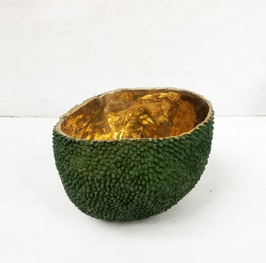Decorative luxury handmade furniture bowl with green textured exterior and gold brass interior, perfect for modern luxury decor, on a white background.