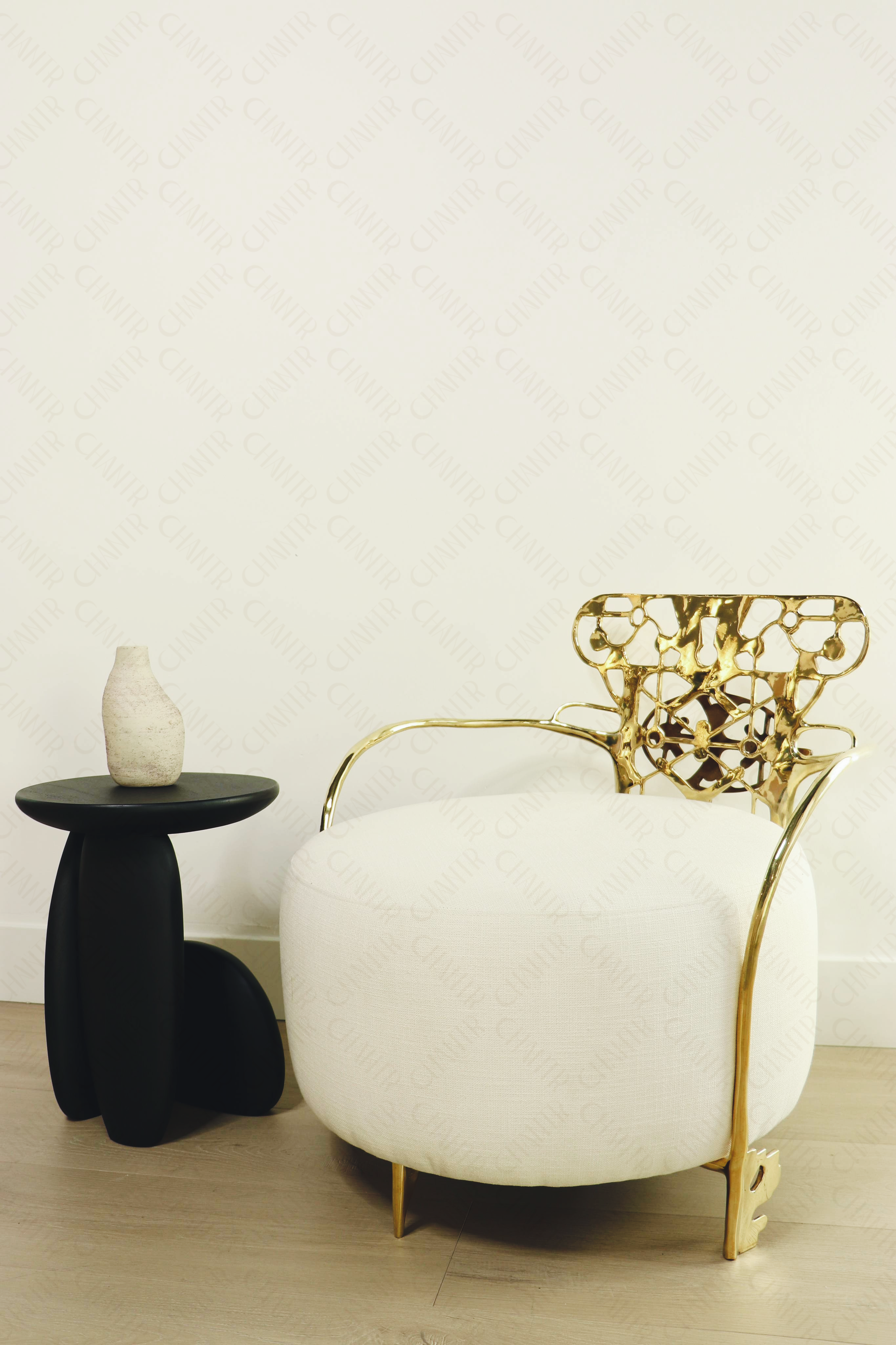 Modern luxury furniture with a white brass furniture chair with gold frame next to a black acacia wood furniture side table against a white wall.