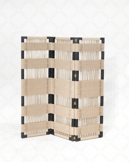 Black wooden frame luxury handmade furniture screen with beige woven panels, perfect for modern luxury decor, on a white background.
