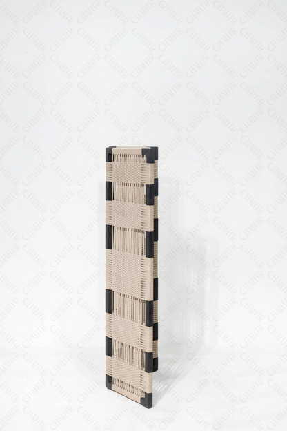 Side Angle - Black wooden frame luxury handmade furniture screen with beige woven panels, perfect for modern luxury decor, on a white background.