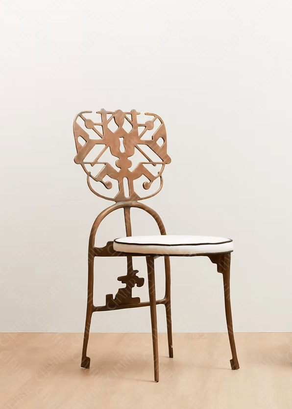 Two decorative chairs with intricate backrests on a plain background. Luxury handmade Furniture