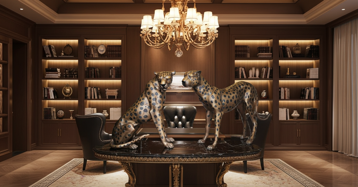 Luxurious room with leopard statues on a table, bookshelves, and chandelier.