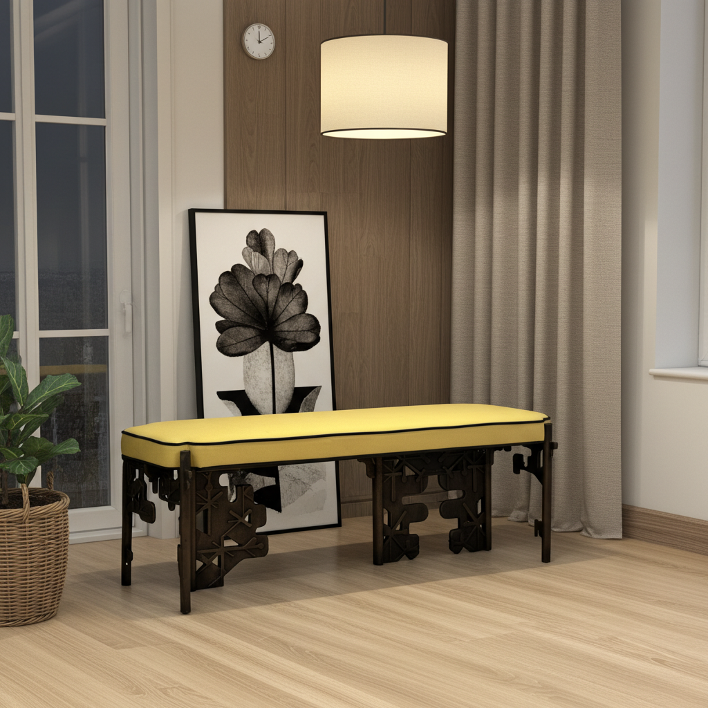 Luxury handmade brass bench with yellow cushion in a room with a clock, lamp, and plant.