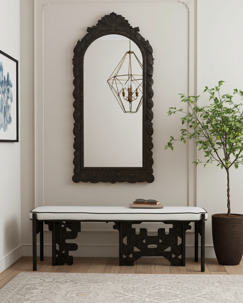 Decorative mirror with intricate frame above a bronze bench in a room with a plant and framed artwork.