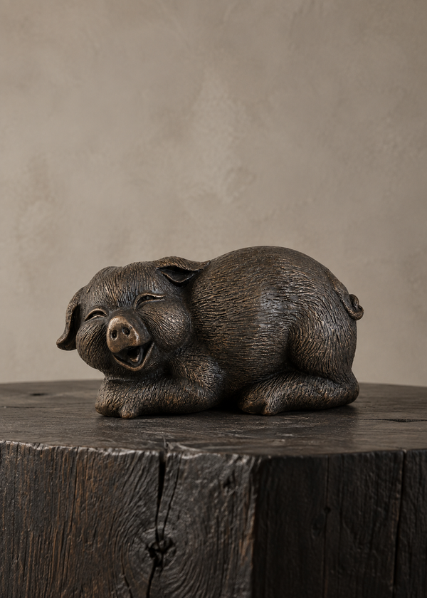 A dark bronze pig figurine sitting on a rustic dark wooden block against a textured beige background.