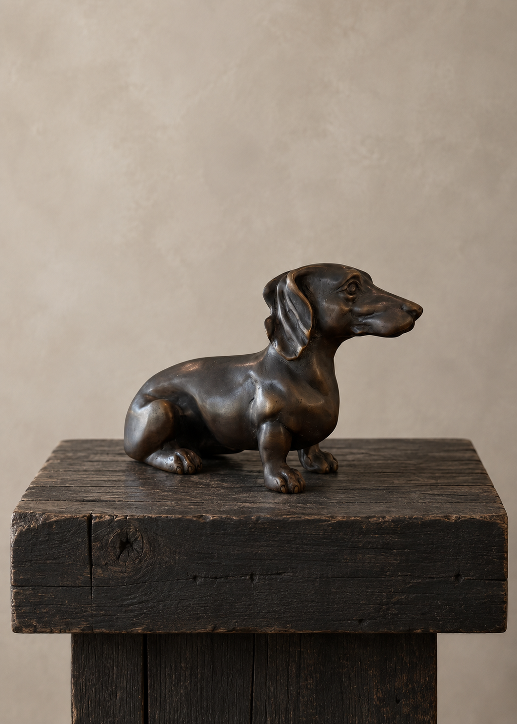 A small bronze figurine of a sitting dachshund dog, displayed on a rustic dark wooden block against a neutral textured beige background.