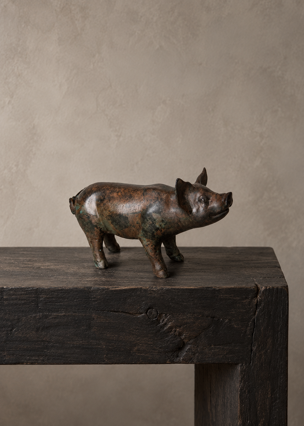 A small pig bronze figurine stands on a dark rustic wooden table against a neutral, textured beige background.