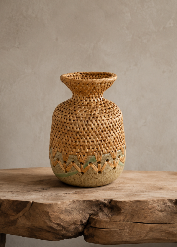A small woven basket vase with a flared rim and a decorative patterned base, displayed on a rustic wooden table against a textured beige wall.
