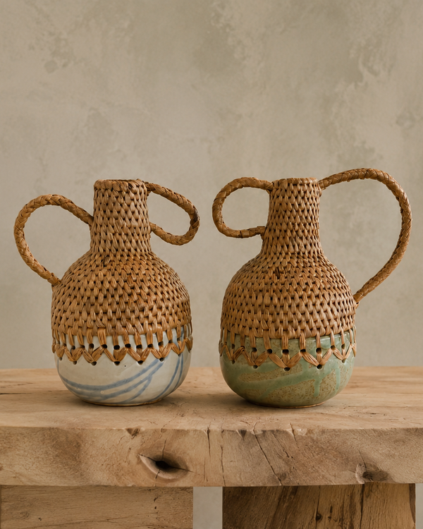 Two woven ceramic jugs with loop handles sit on a rustic wooden table against a textured beige plaster wall. The left jug has a natural tan woven body with a blue and white patterned base, while the right jug has a similar woven top and a glazed base in muted green and beige.