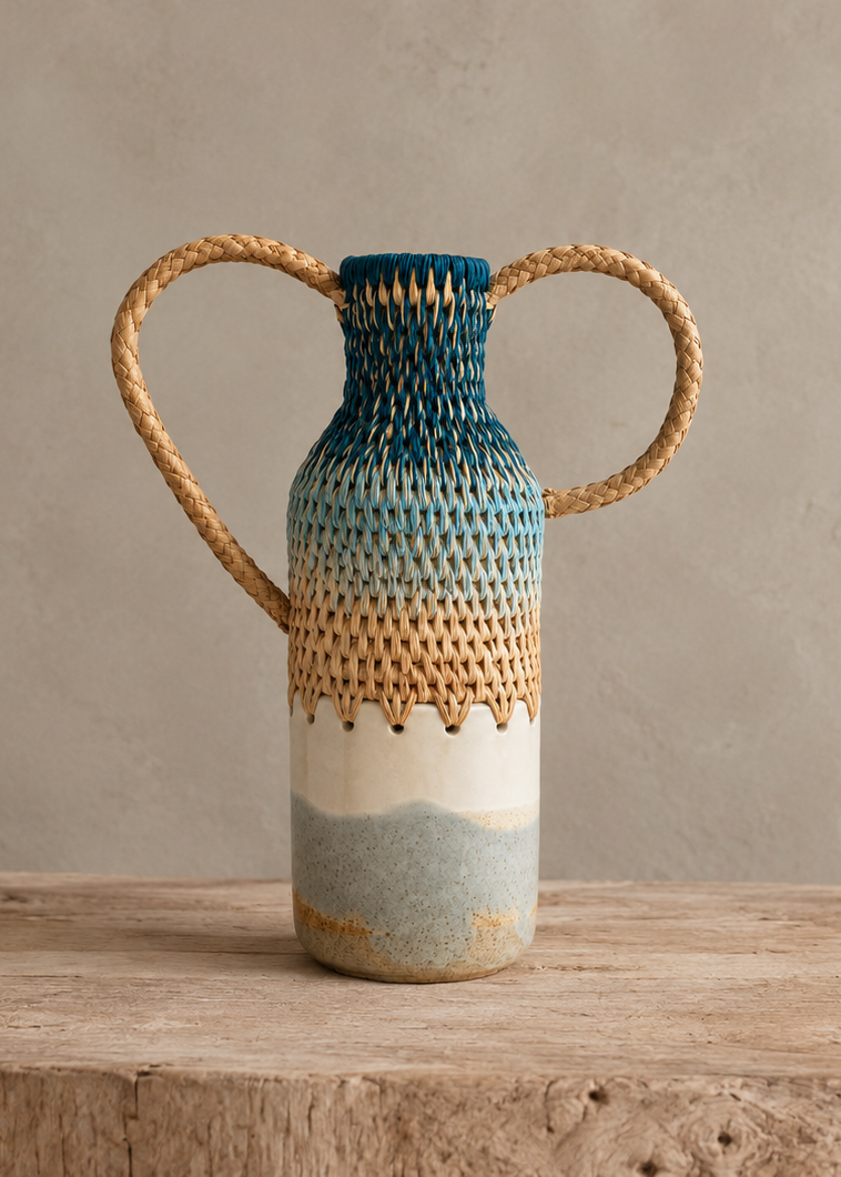 A handmade ceramic vase with a woven jute handle, featuring a blue, beige, and cream gradient design, displayed on a rustic wooden block against a neutral gray background.