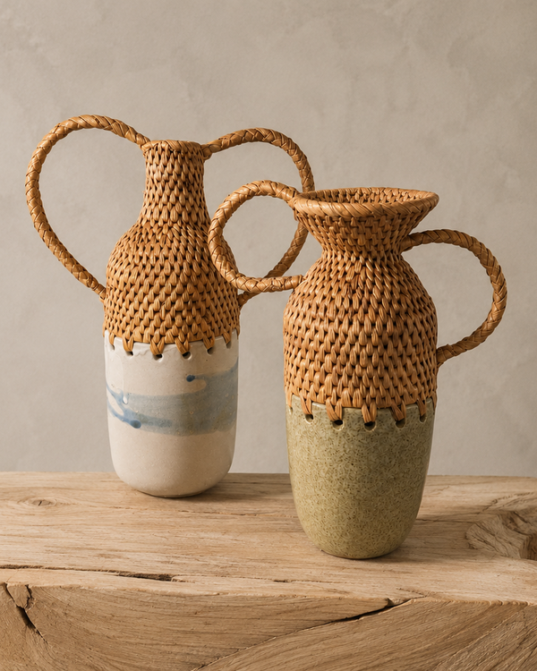 Two woven rattan urn-style vases with ceramic bases, displayed on a rustic wooden block against a textured beige wall.