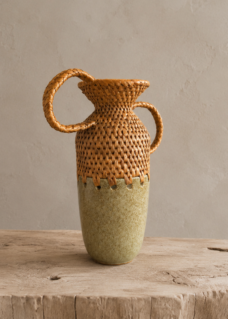 A handmade ceramic vase with a woven rattan upper body and handle, and a speckled light green glazed lower body, displayed on a rustic wooden surface against a textured beige wall.