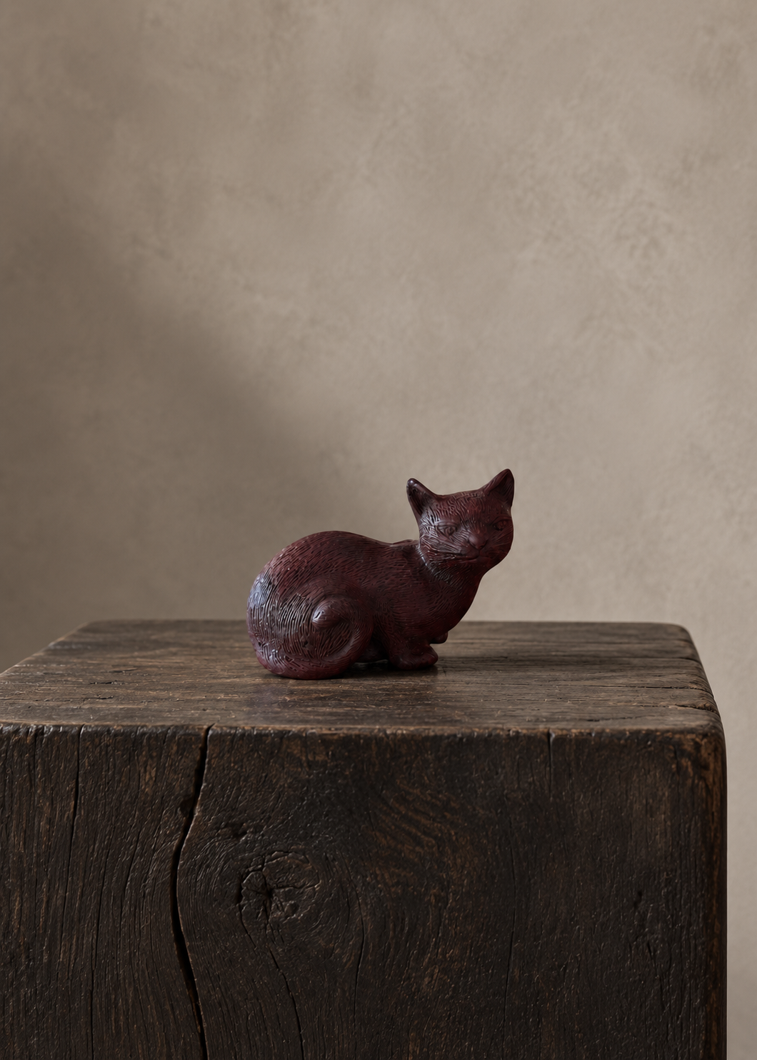 A small dark reddish-brown bronze cat figurine sitting on a rustic dark wooden block against a textured beige studio backdrop.