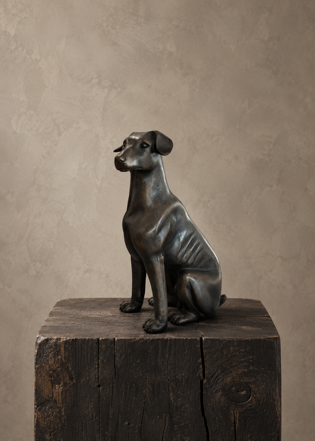 A dark bronze-finished sculpture of a sitting dog, displayed on a rustic dark wood block pedestal against a textured beige studio backdrop.