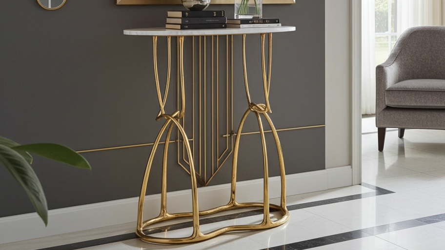 Modern interior with a gold brass console table, mirror, and chair.