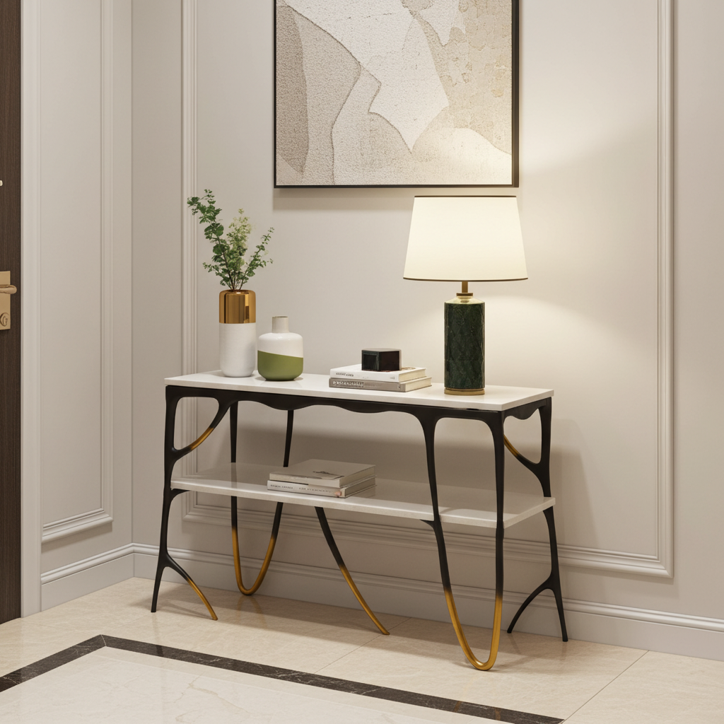luxury handmade black brass console table with decorative items against a neutral wall.