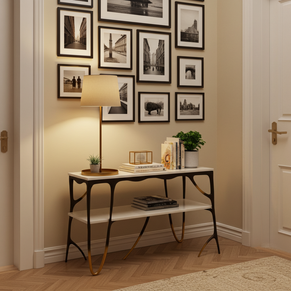 luxury handmade black brass Console table with decorative items against a wall with framed pictures in a room.