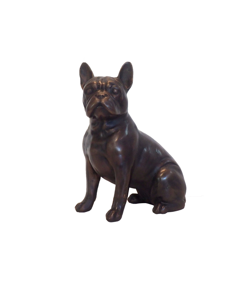 Bronze luxury handmade furniture statue of a sitting French bulldog, perfect for modern luxury decor, on a white background.
