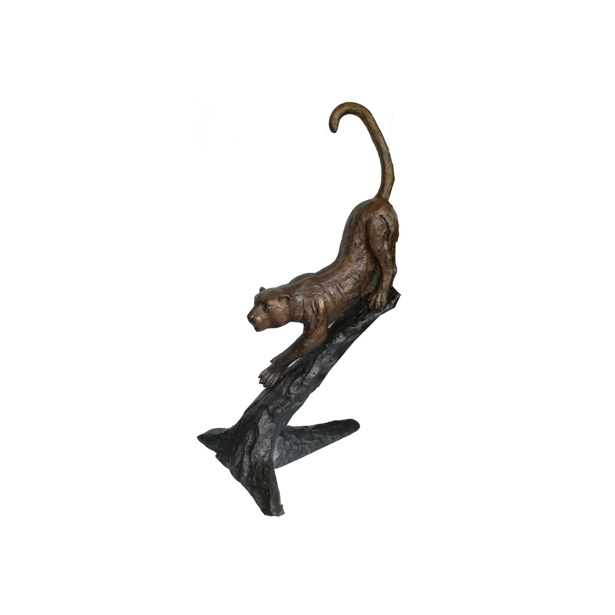 Bronze statue of a panther on a tree branch on a white background