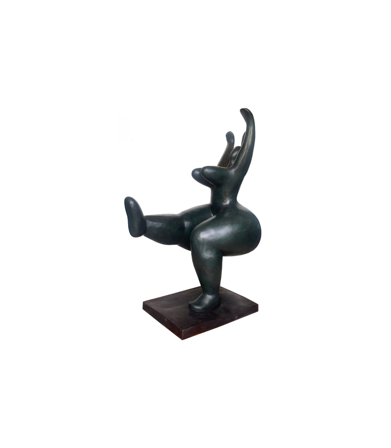 Bronze sculpture of a abstracted figure on a white background