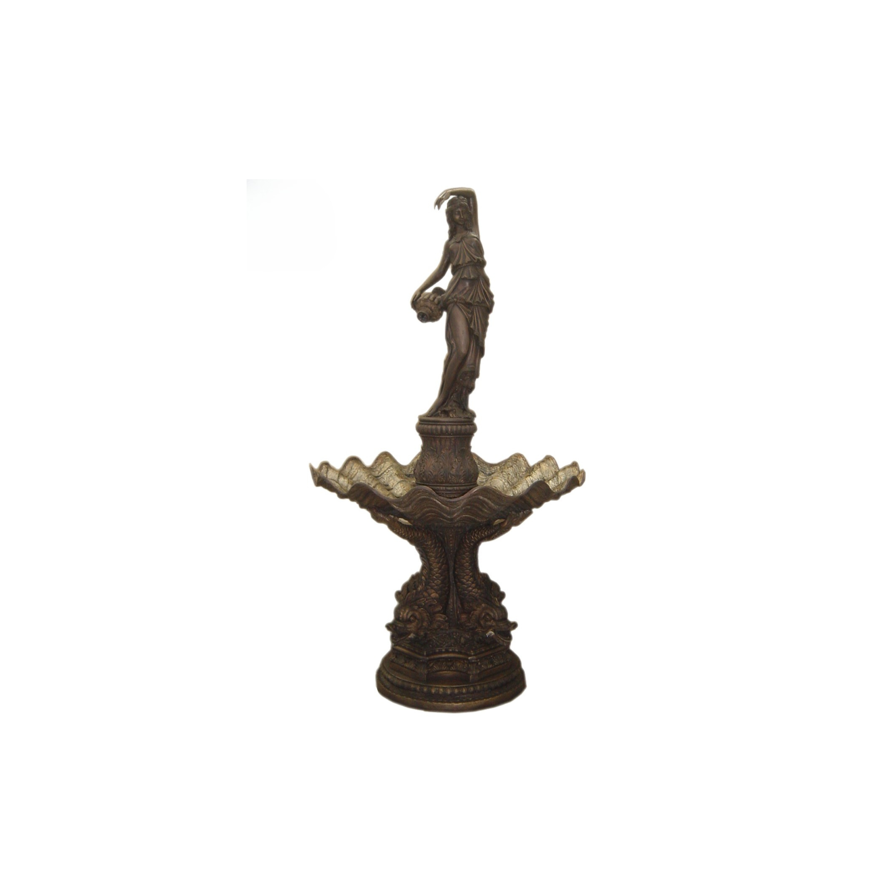 Bronze fountain of a figure on a pedestal with intricate details against a white background