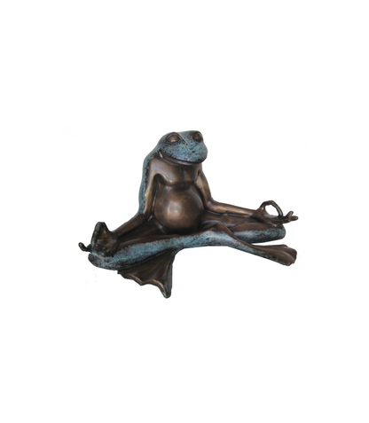 Bronze luxury handmade furniture frog sculpture in a meditative pose, ideal for modern luxury decor, on a white background.