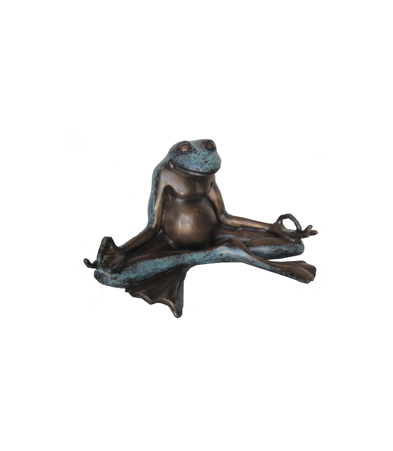 Bronze luxury handmade furniture frog sculpture in a meditative pose, ideal for modern luxury decor, on a white background.