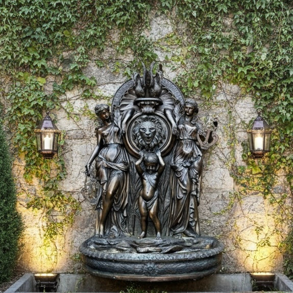 Bronze fountain of three figures with a lion emblem on a stone wall with ivy