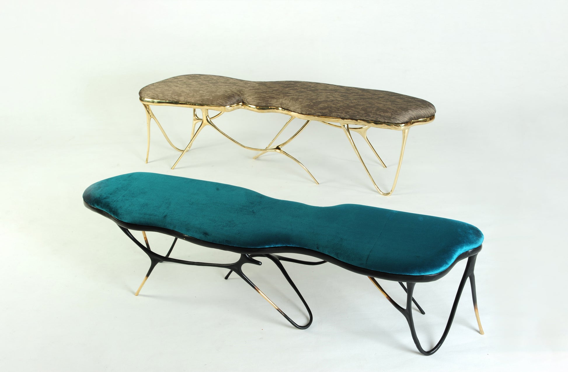 Gold brass luxury handmade furniture bench with brown pattern cushion and black brass bench with velvet turquoise with modern design, ideal for modern luxury decor, on a white background.